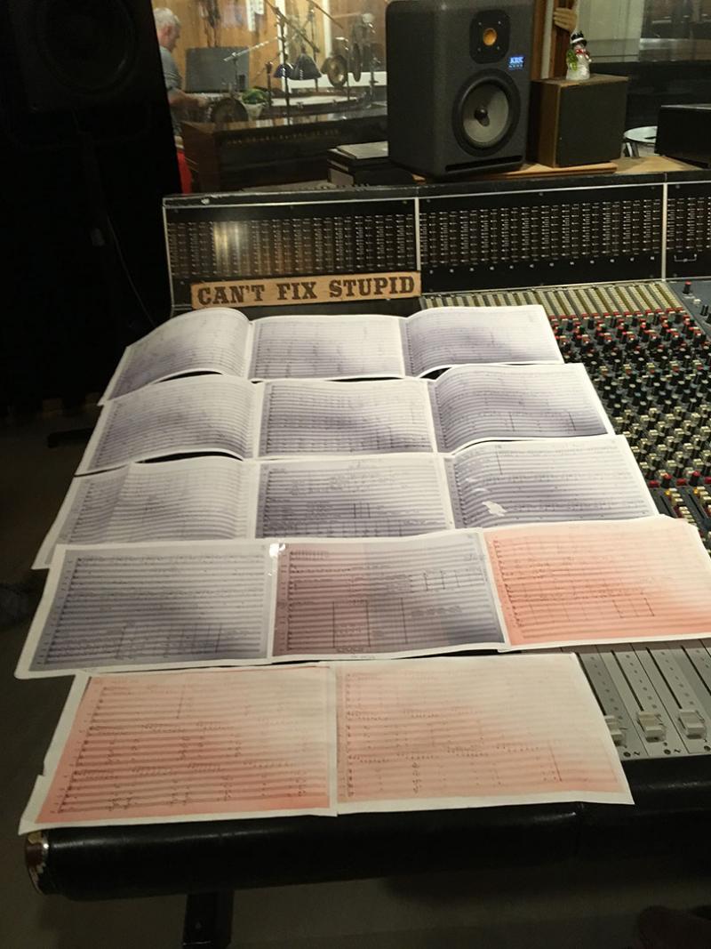 Sheet music on mixing console